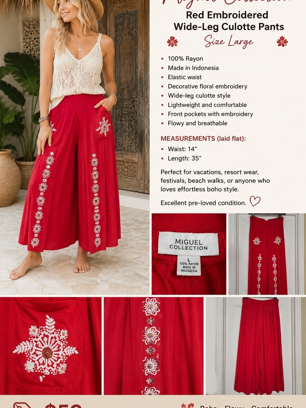Miguel Collection Red Embroidered Wide-Leg Culotte Pants